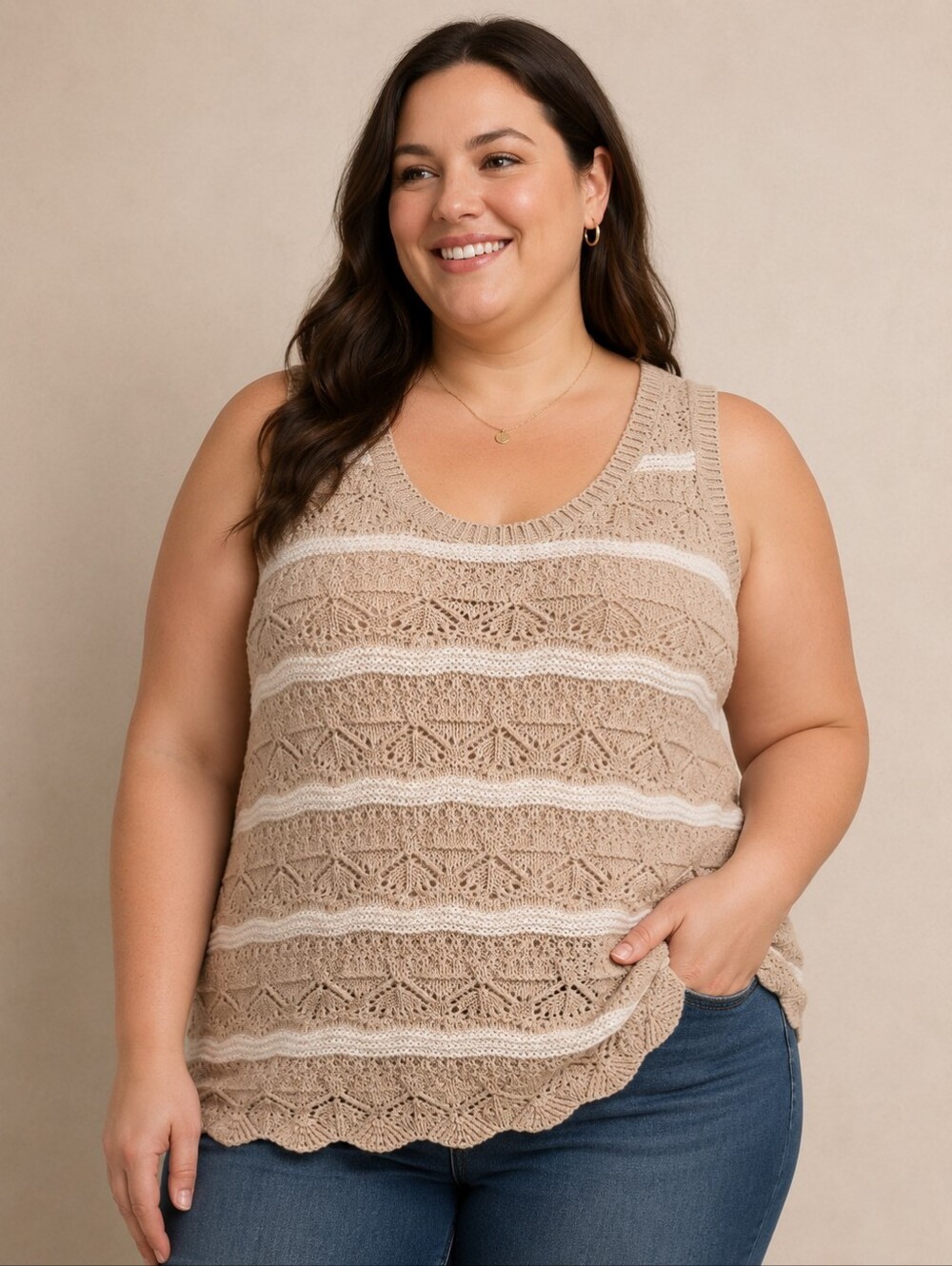 **LC Lauren Conrad Tan and White Textured Tank Top